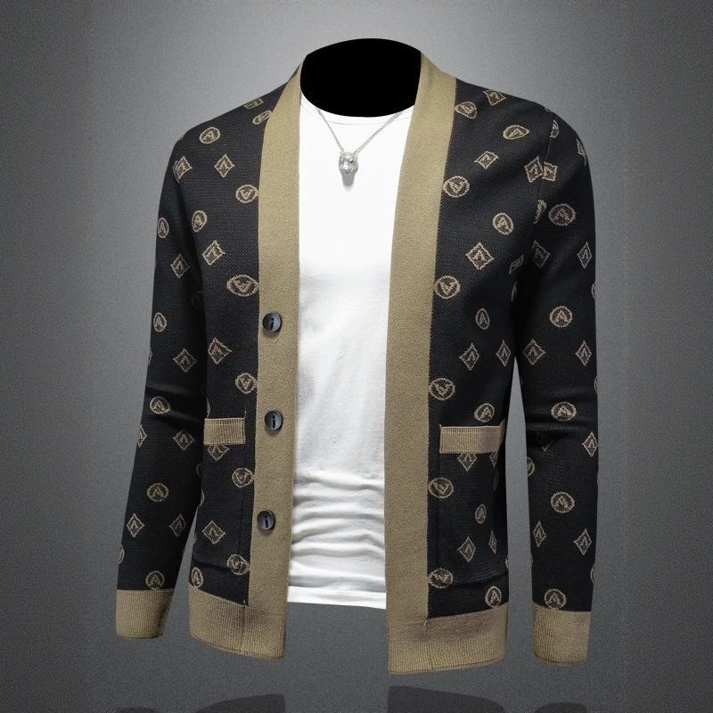 洛辛普肯秋冬季提花开衫针织衫毛衣男士潮流休闲百搭毛线衣外套