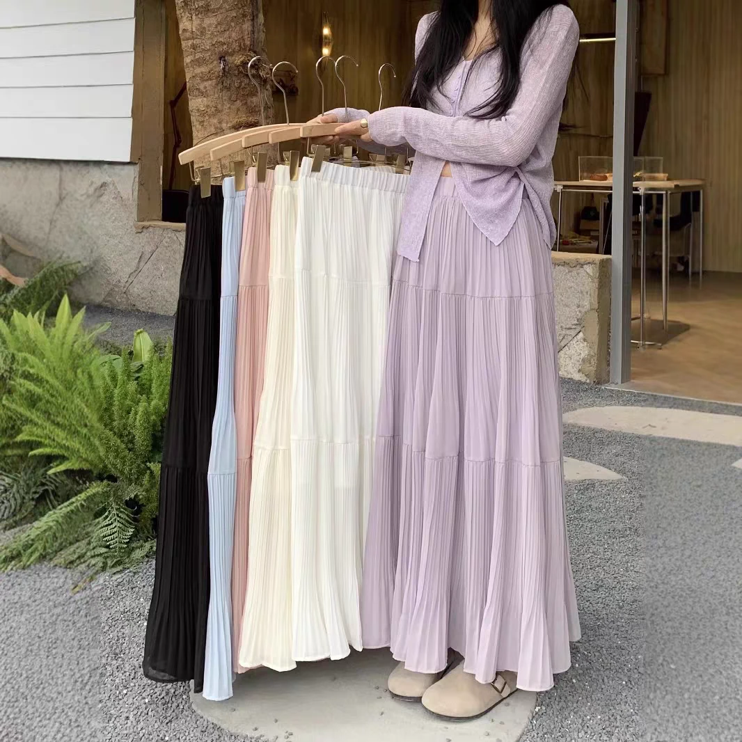 温柔风压褶紫色半身裙女装春季垂感高腰百搭中长裙大摆裙