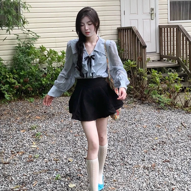 法式荷叶边蓝色衬衫女2025春季韩系设计感百搭休闲长袖蝴蝶结上衣