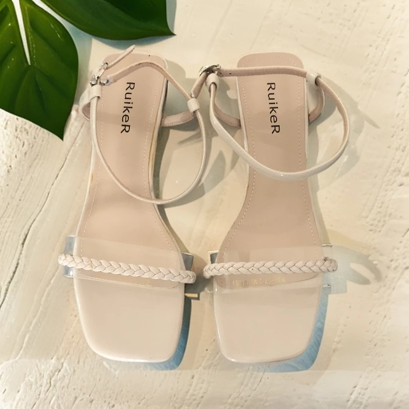 30 57 时尚女极简风中跟时装凉鞋低跟法式方头仙女风