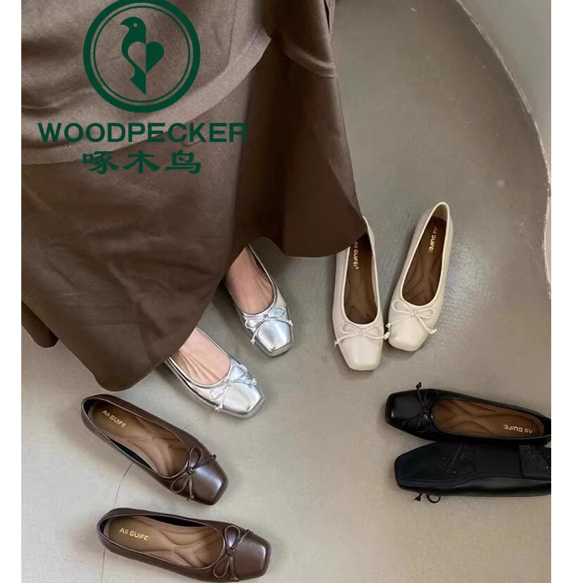 啄木鸟轻奢仙女风温柔鞋女2025夏季新款蝴蝶结平底单鞋浅口豆豆鞋