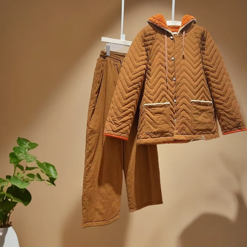 242-447-2朵朵可可睡衣男冬款夹棉加绒简约连帽条纹家居服套装