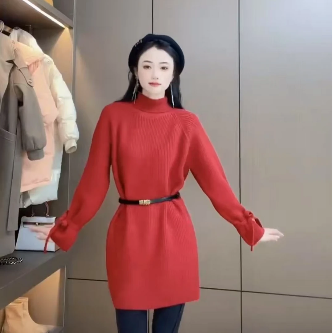 大码女装高领中长款长袖打底衫针织毛衣秋冬胖妹妹显瘦遮肚子上衣