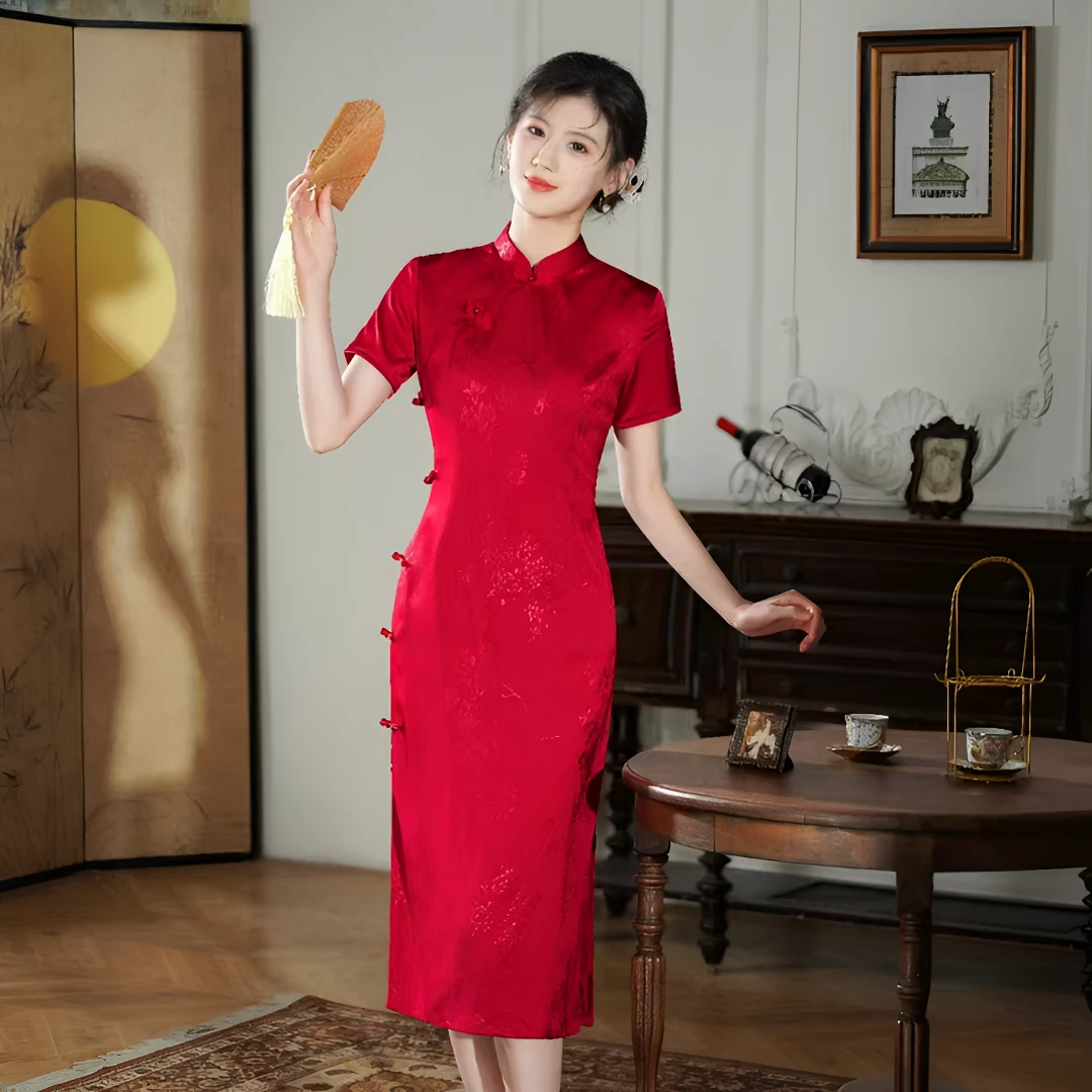 悦柠 夏季国风盘扣婚宴喜服气质旗袍显瘦修身中长款日常优雅大码