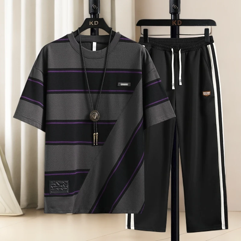 汤米芙兰可男士夏季新款短袖T恤休闲裤套装高端圆领条纹宽松两件
