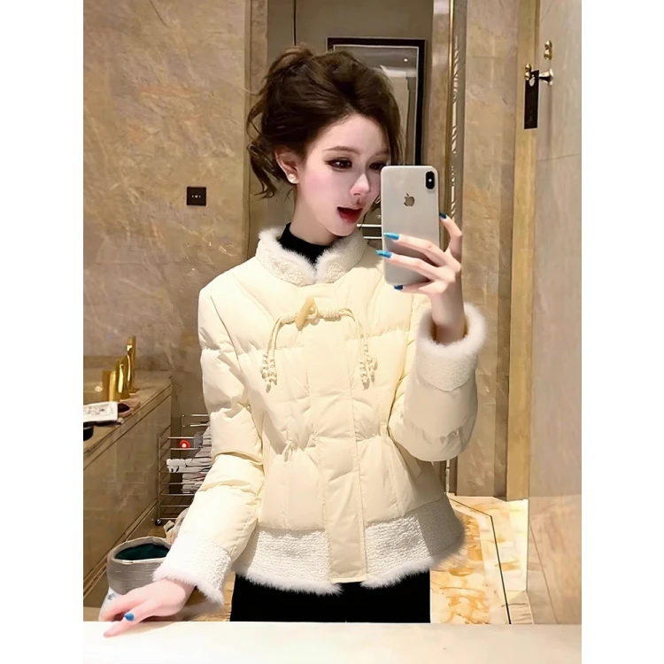 新中式盘扣米白色棉服女冬加厚装保暖立领毛茸茸短款加厚棉衣外套