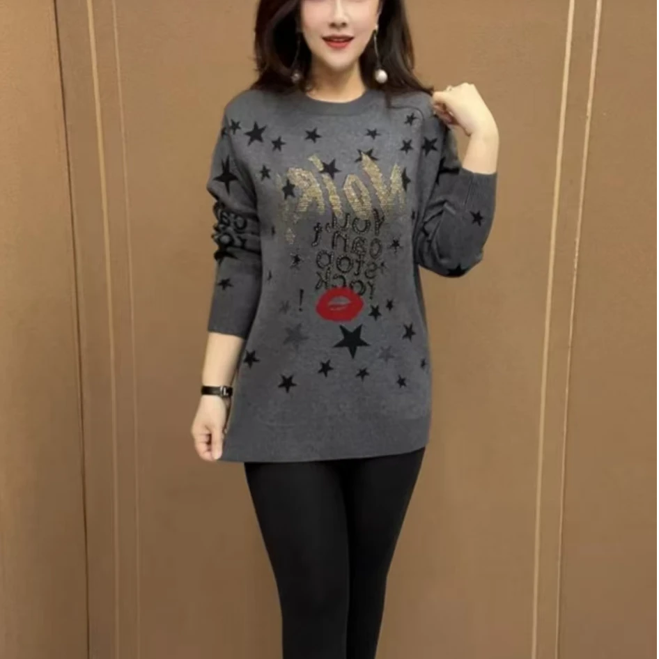 潮流妈妈装字母印花中长款保暖毛衣时尚通勤款中老年女针织打底衫