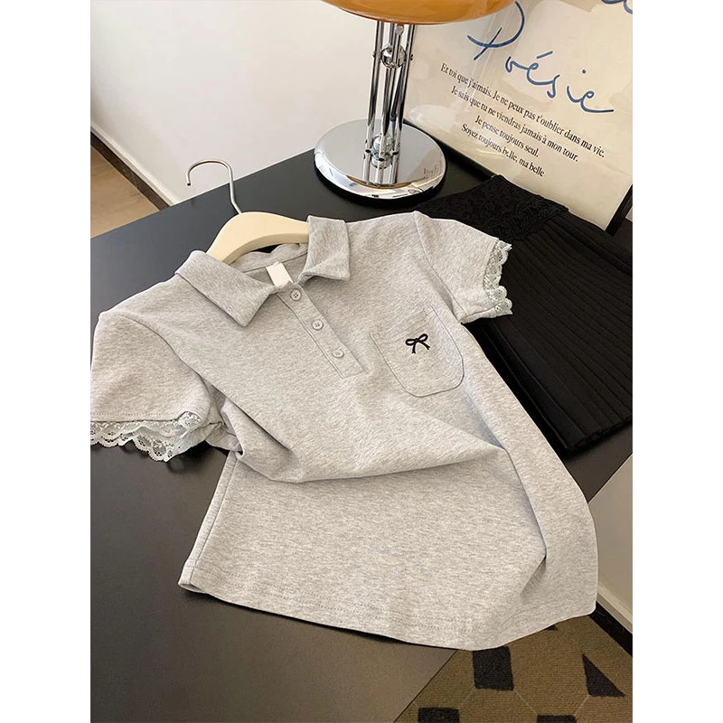 2025夏季高级感美式复古修身显瘦学院风灰色POLO领短袖T恤女上衣
