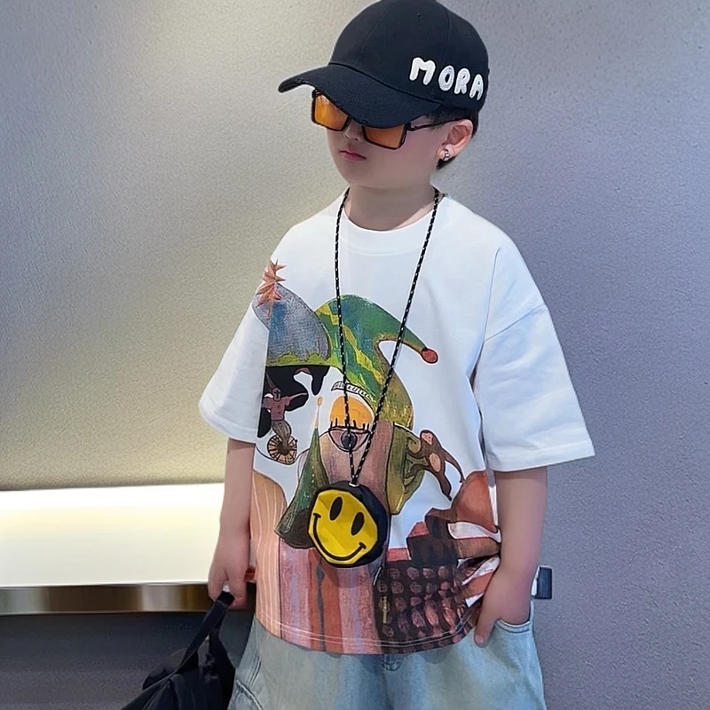 纯棉儿童网红夏季宽松潮流百搭韩版个性帅气时尚男宝女宝半袖