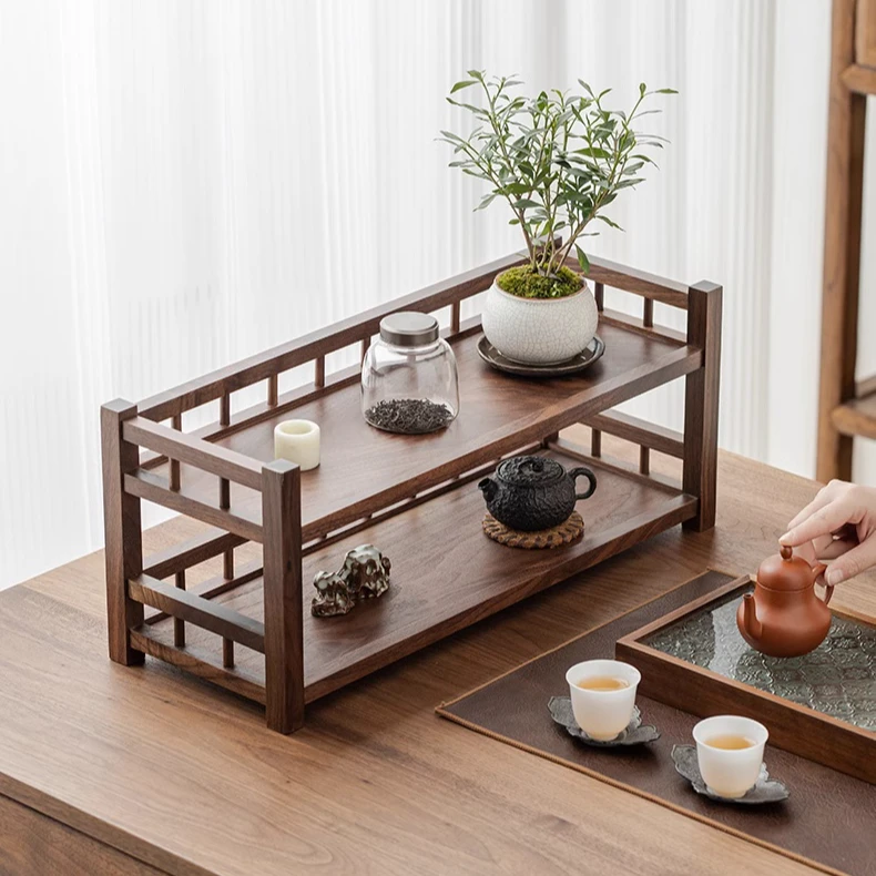 胡桃木桌面茶杯收纳置物架小型博古架实木中式紫砂壶摆件架展示架