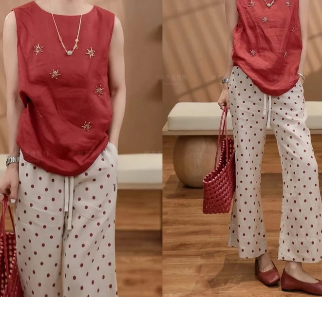 2025夏季时尚减龄设计感钉珠背心无袖马甲显瘦百搭波点休闲裤套装