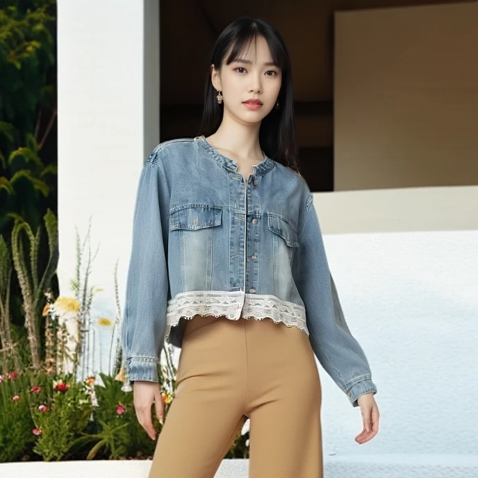 YZS008早春小众设计下摆拼接蕾丝牛仔短外套早春蕾丝牛仔短外套