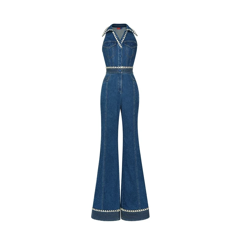 LeFame/拉飞姆24夏复古烫钻织带v领挂脖收高腰连体裤LF24X61NL165