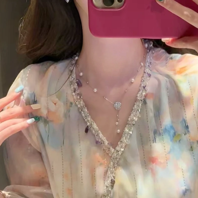 合金锆石吊坠 【月光之吻】镶嵌晶莹花朵流苏项链XS40874