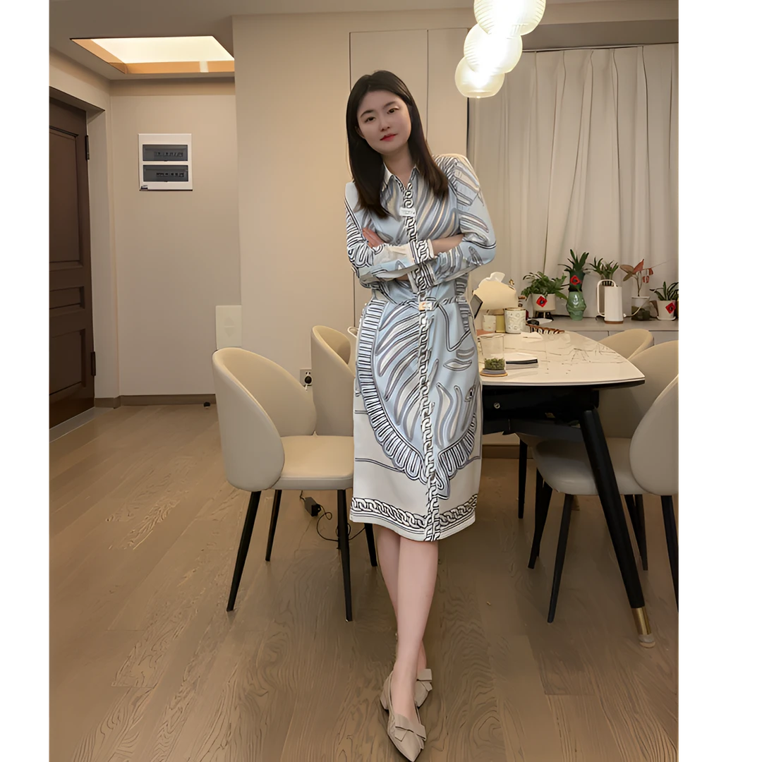 2 轻奢TB印花斜纹绸衬衫式连衣裙 春秋气质