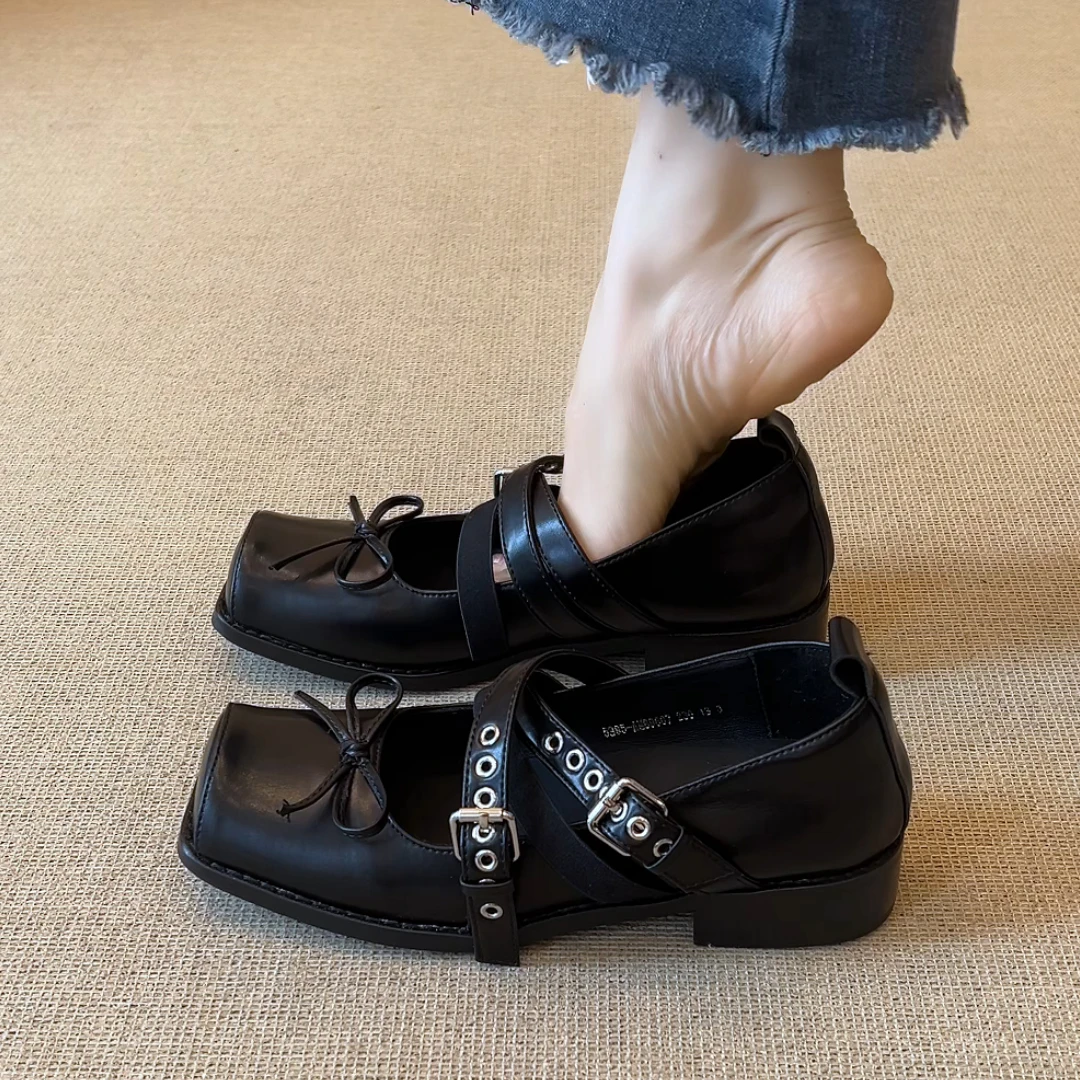 nnmiss·34-39/3cm设计感方头猪鼻子蝴蝶结交叉扣带粗跟玛丽珍单鞋