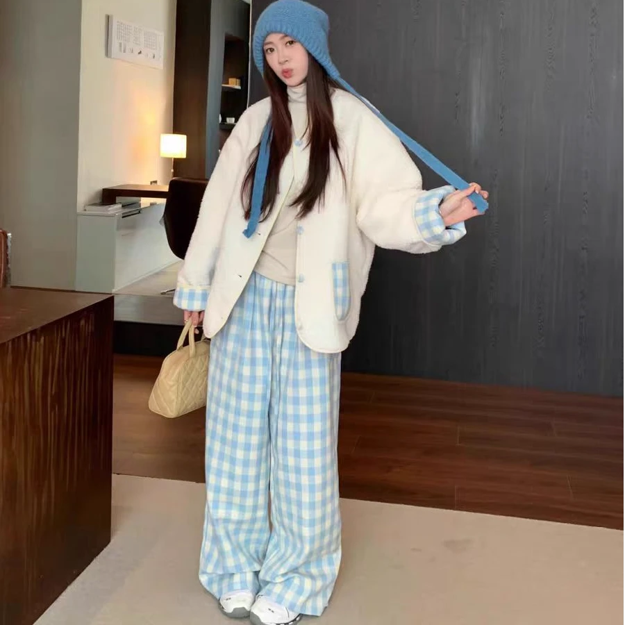 蓝色格纹拼接减龄外套#977578（单外套）