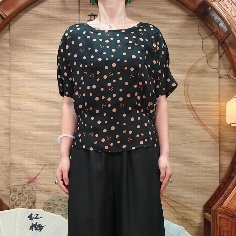 40姆米100桑蚕丝双面提花红云纱法式波点风春夏款新中式小上衣