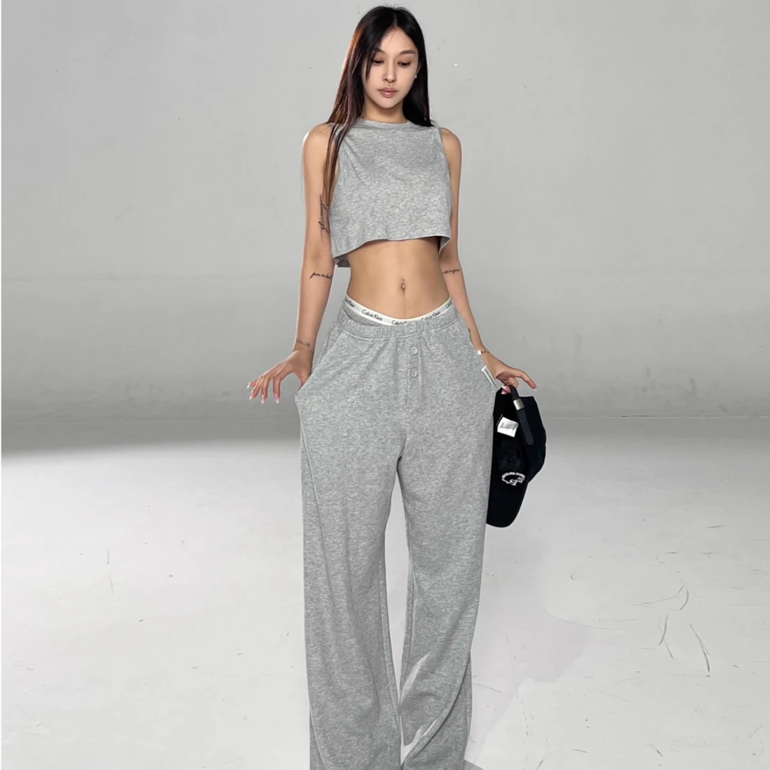 莉珂思灰色扣子卫裤女经典高级设计感夏季薄款运动无袖背心两件套