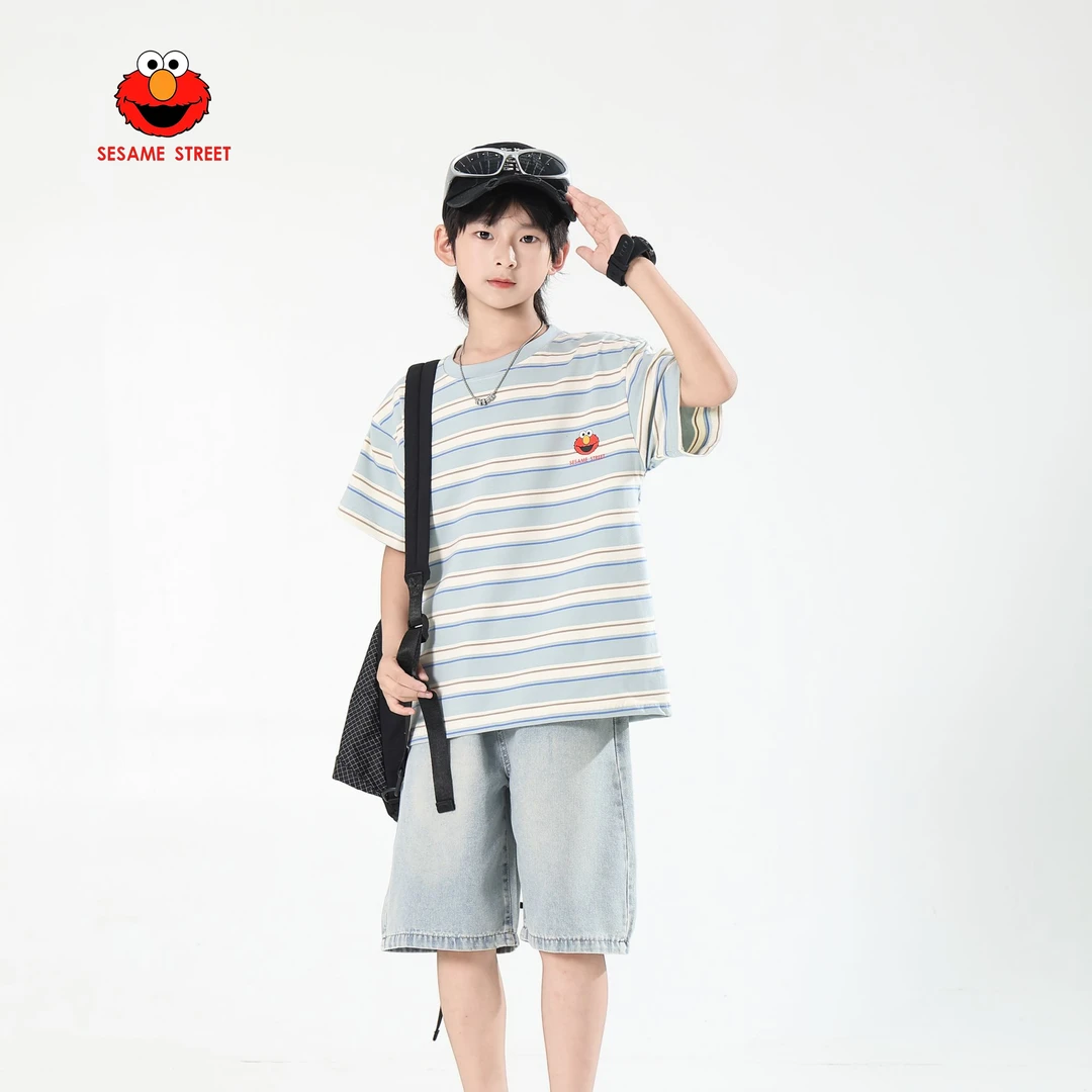 芝麻街芝麻街条纹夏季男童帅气T恤夏装圆领休闲儿童纯棉透气短袖