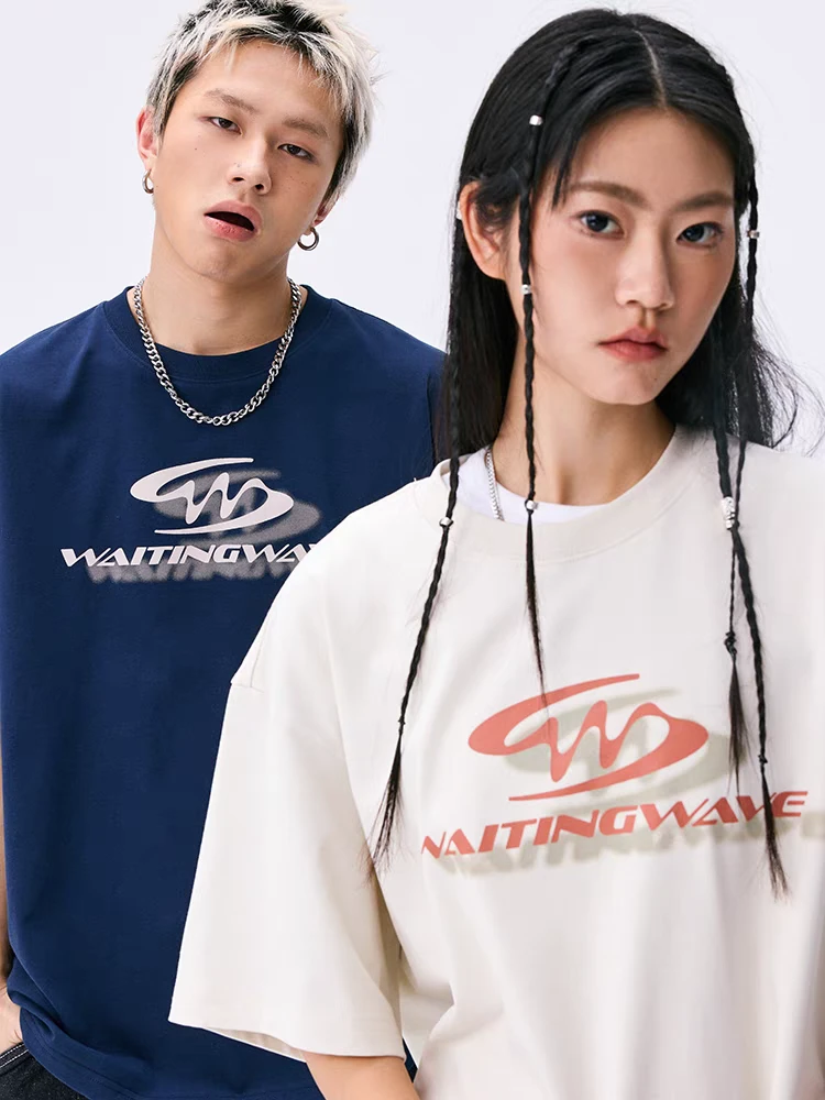 番茄园665复古重叠阴影印花宽松 落肩袖T恤 DX041