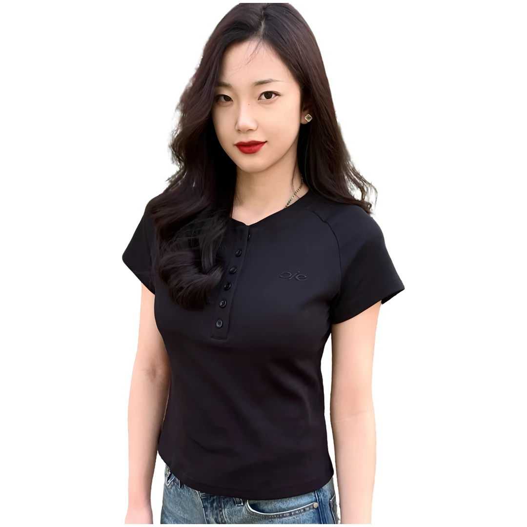 COIE夏季美式复古亨利领扣子刺绣显瘦弹力插肩新款女百搭两色上衣