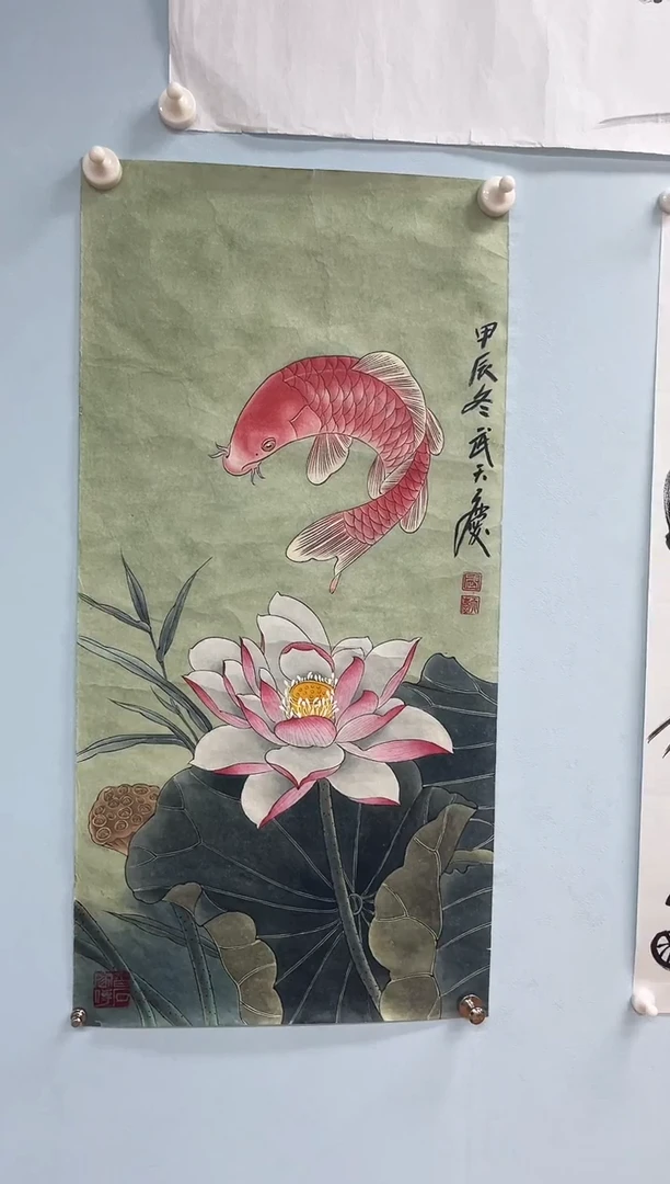 国画武天庆老师荷花鱼