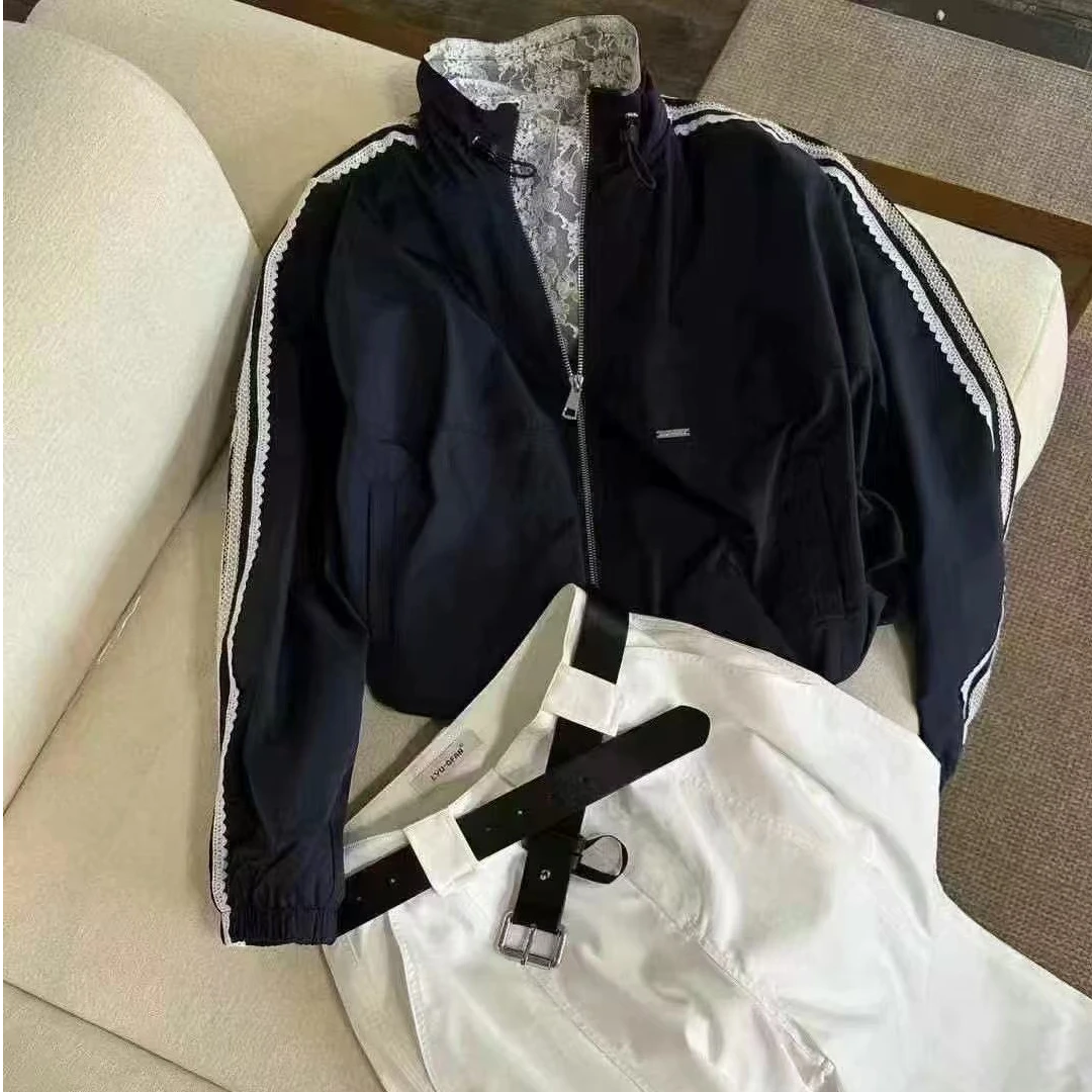 欧货2025早春外套女百搭蕾丝花边拼色宽松休闲洋气拉链上衣潮