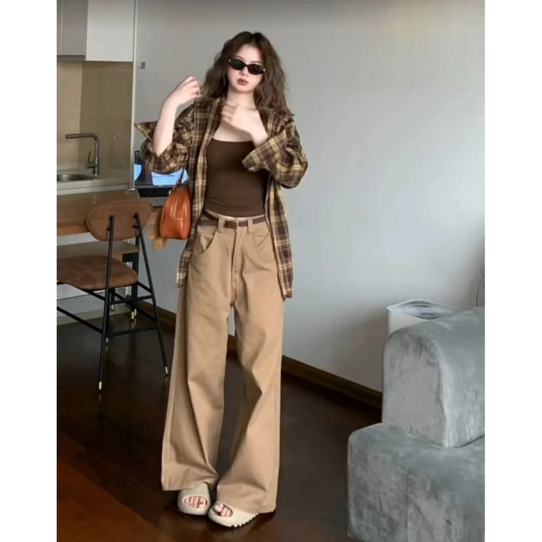 小个子高腰休闲裤女春季纯色长裤复古百搭宽松垂感直筒阔腿拖地裤