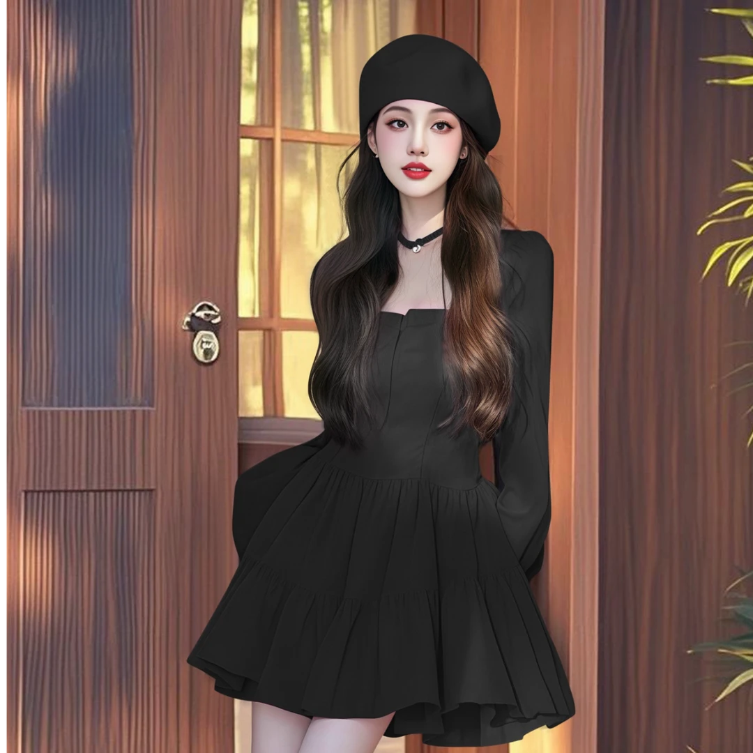 气质多巴胺海岛穿搭春季新款黑色长袖连衣裙