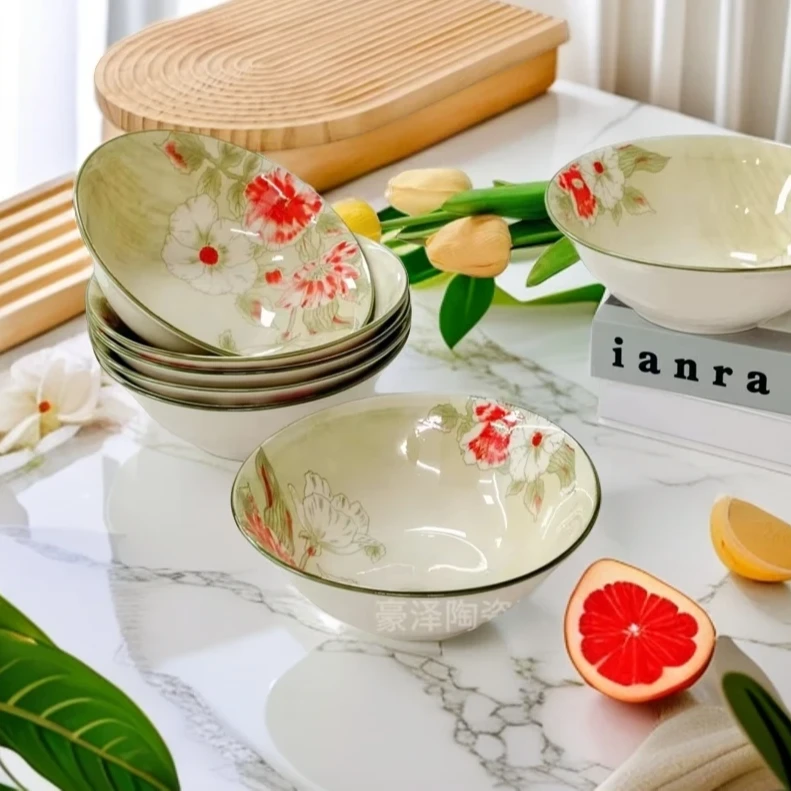 家用釉下彩花开6英寸斗碗15厘米4个装中式陶瓷复古车载家用-