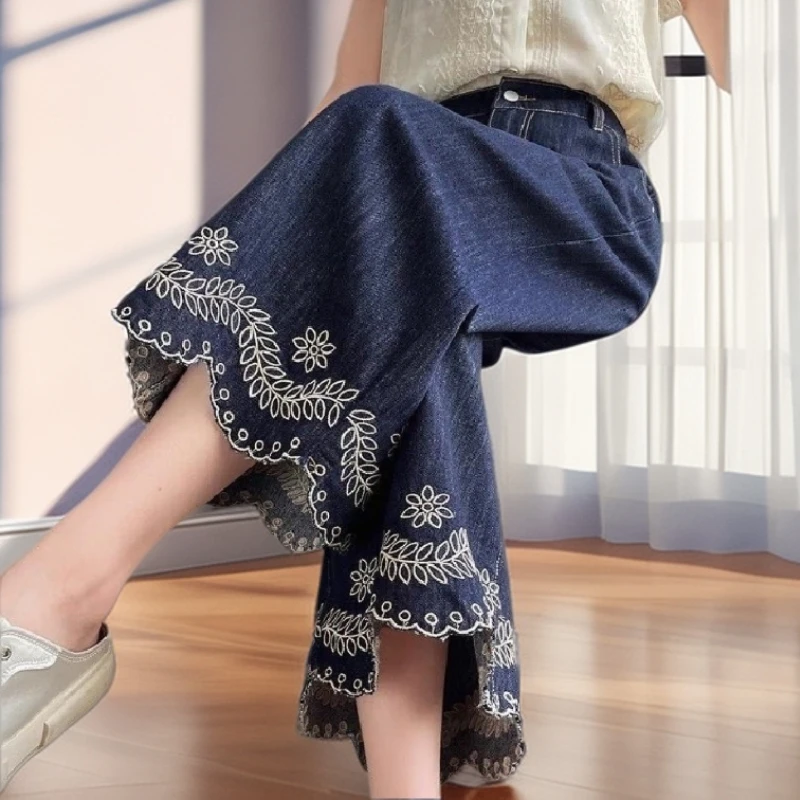 【雅岚女装】时尚洋气显瘦丹宁蓝花边刺绣阔腿牛仔裤休闲夏薄新中式