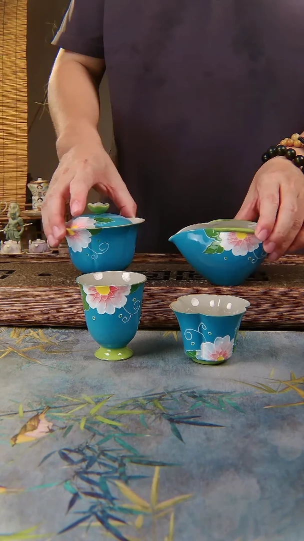 亘古茶具柴烧精品@手绘樱花盖碗公杯两杯组合