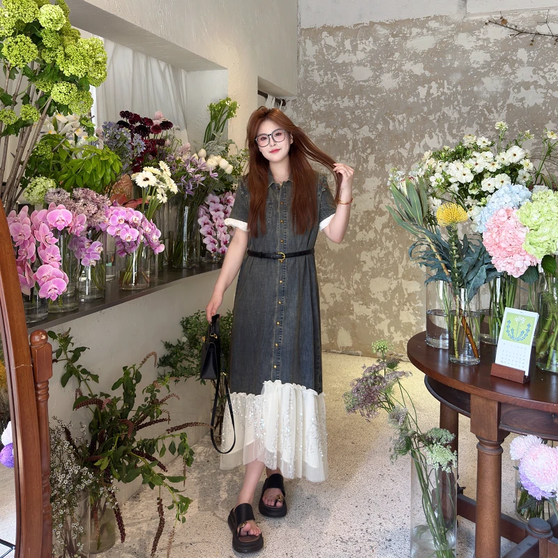 盈盈&南岛风大码拼接牛仔网纱裙摆连衣裙胖mm宽松显瘦长裙ZYY1625