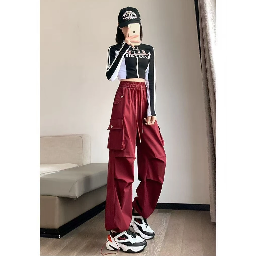 春秋新款百搭工装裤高腰宽松直筒束脚裤子两穿休闲运动裤阔腿裤女