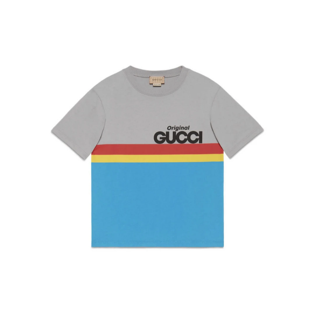 全新未使用 GUCCI/古驰 字母印花条纹棉质短袖T恤 男童 灰色