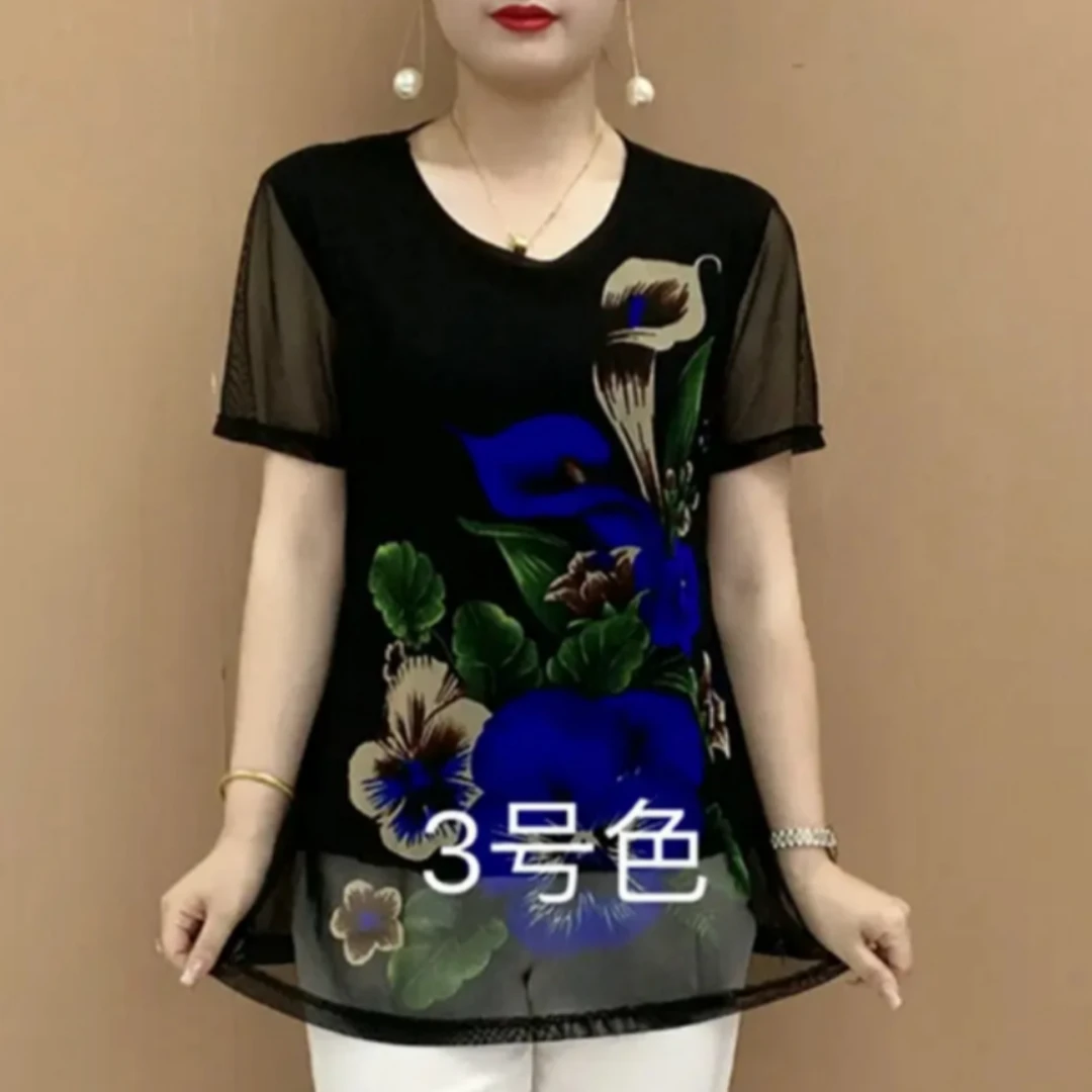 时尚中年女百搭印花雪纺衫2025夏季新款洋气简约宽松遮肉短袖上衣