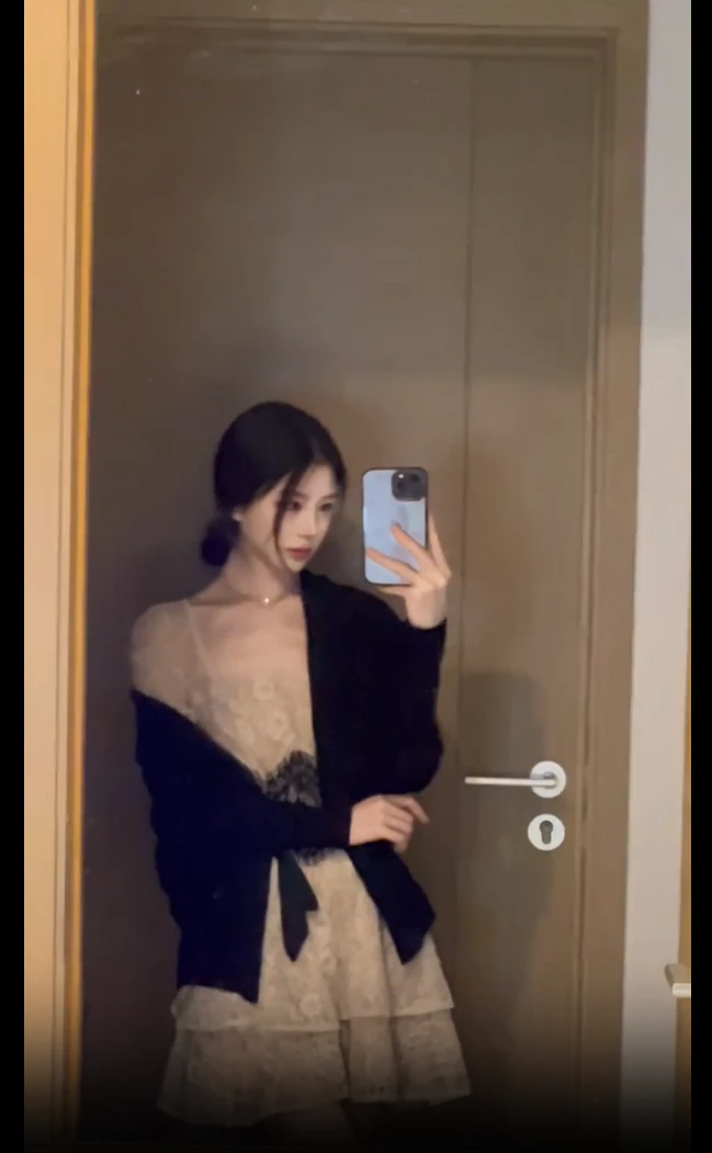 旧色瑰梦 初恋古早风甜美法式温柔纯欲蕾丝连衣裙女显瘦开衫披肩