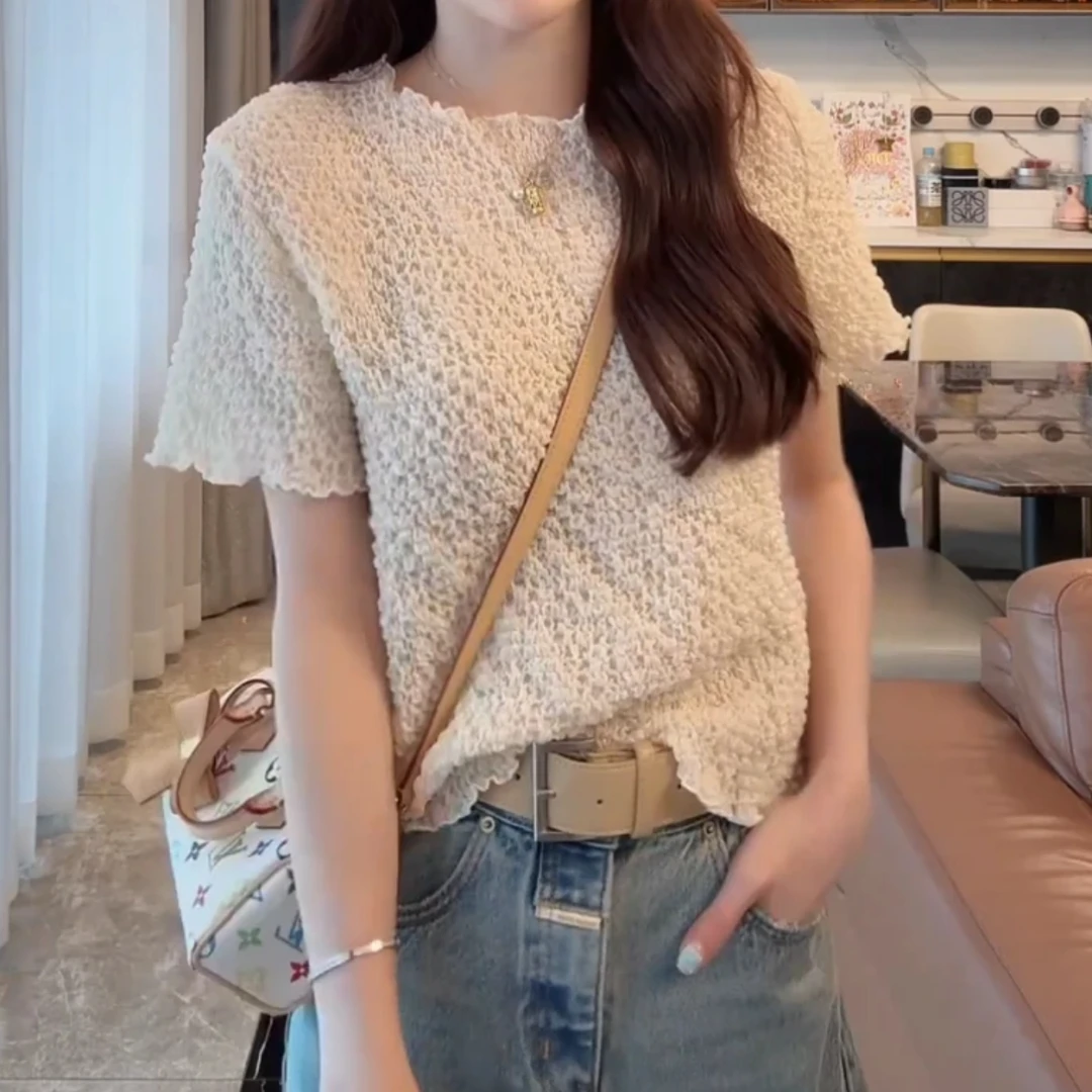 泡泡纱短袖t恤女大码2025年夏季新款胖MM设计感褶皱弹力显瘦上衣