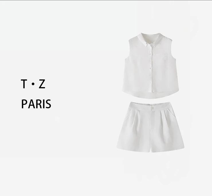 T·Z*27简约度假风无袖上衣高腰短裤两件套-9485