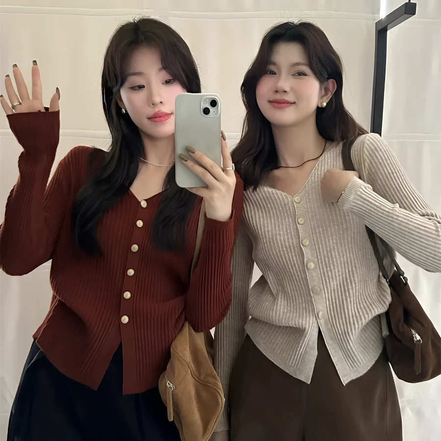 【80-140斤】V领单排扣针织开衫2025新款简约显瘦百搭纯色上衣女