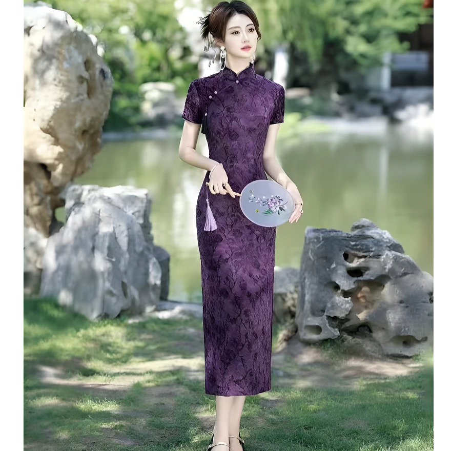 花舟 紫色改良薄款旗袍提花复古有弹力气质日常国风优雅显高显瘦