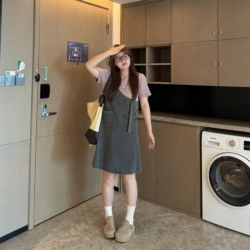 盈盈&南岛风大码女装夏季显瘦牛仔假两件胖mm背带连衣裙ZYY817