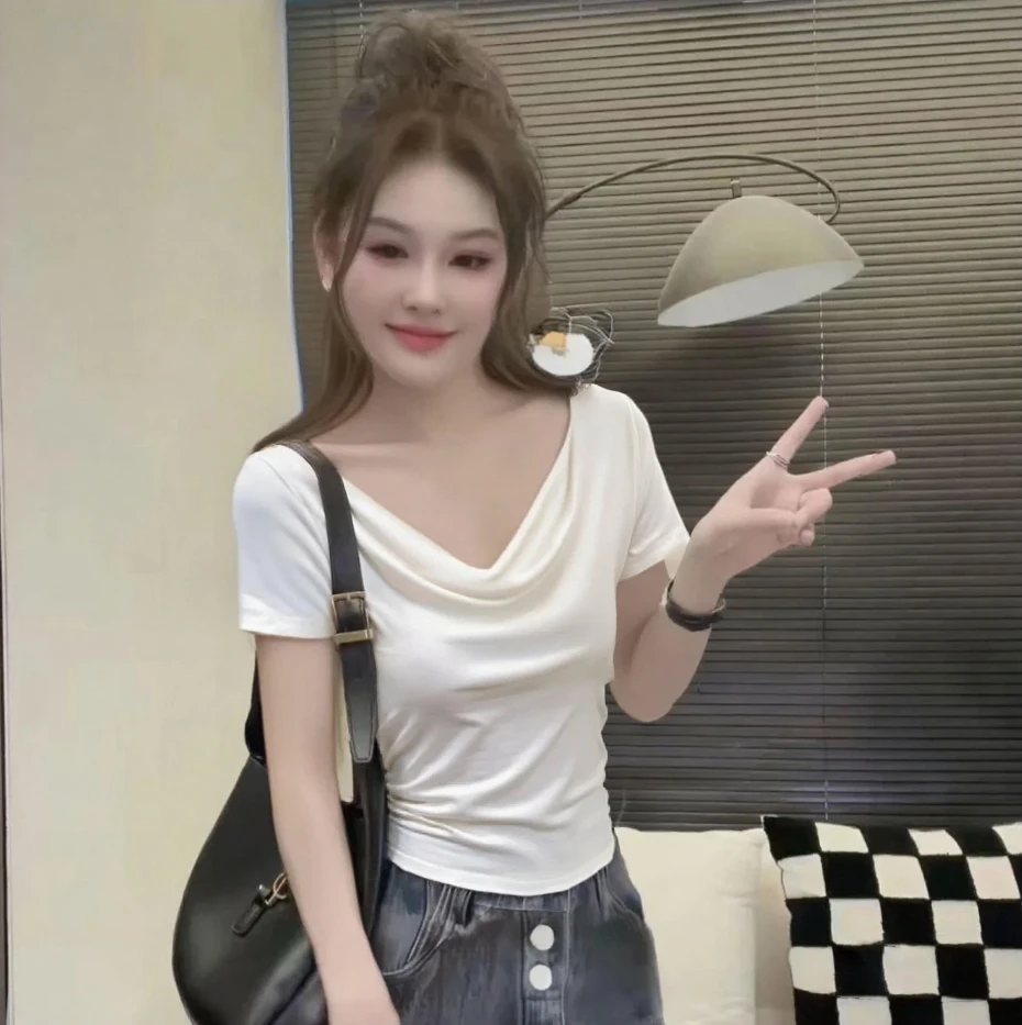 莫代尔荡领一字领短袖T恤女新款夏季显瘦冰丝薄款时尚收腰上衣潮