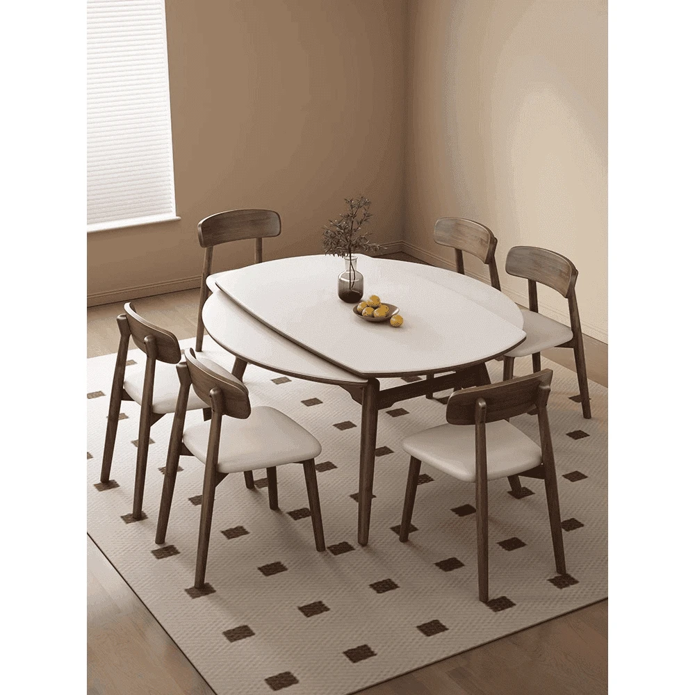 方圆两用全实木餐桌圆形饭桌子折叠岩板餐桌椅组合小户型可变圆桌