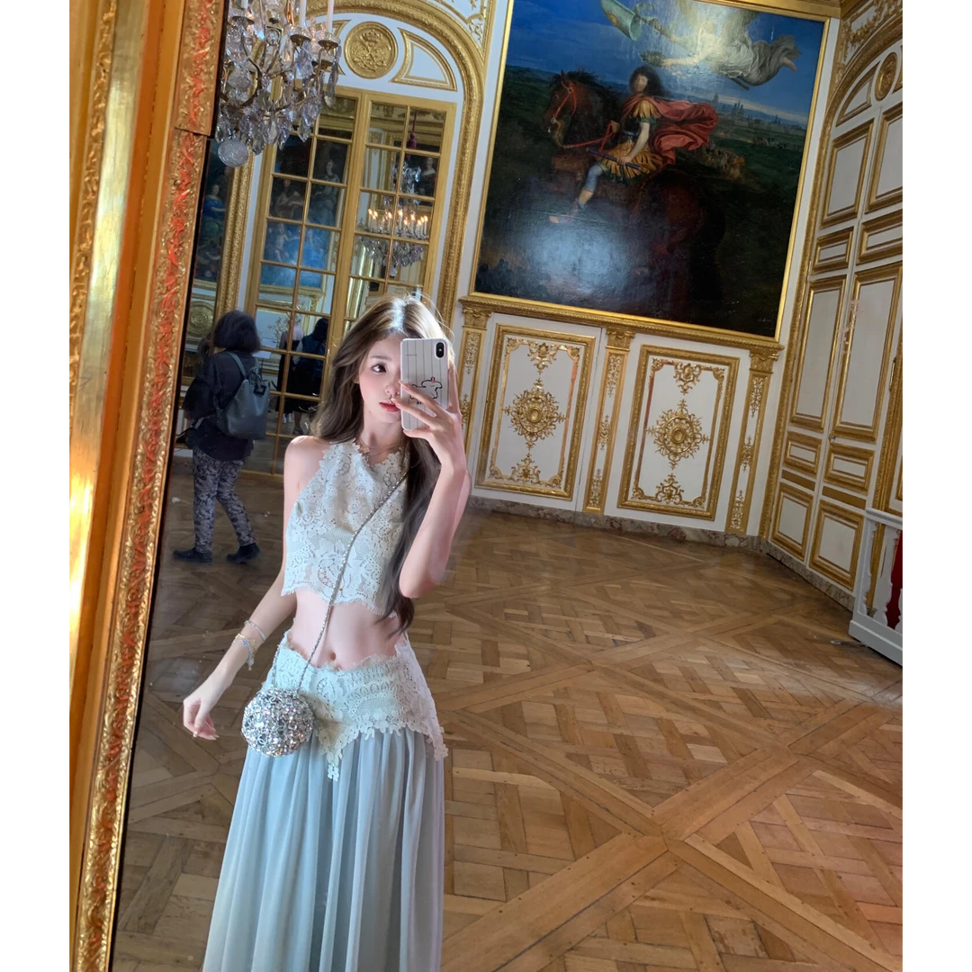 2025夏季纯欲性感露脐蕾丝显瘦气质时尚上衣百搭高级感休闲半身裙