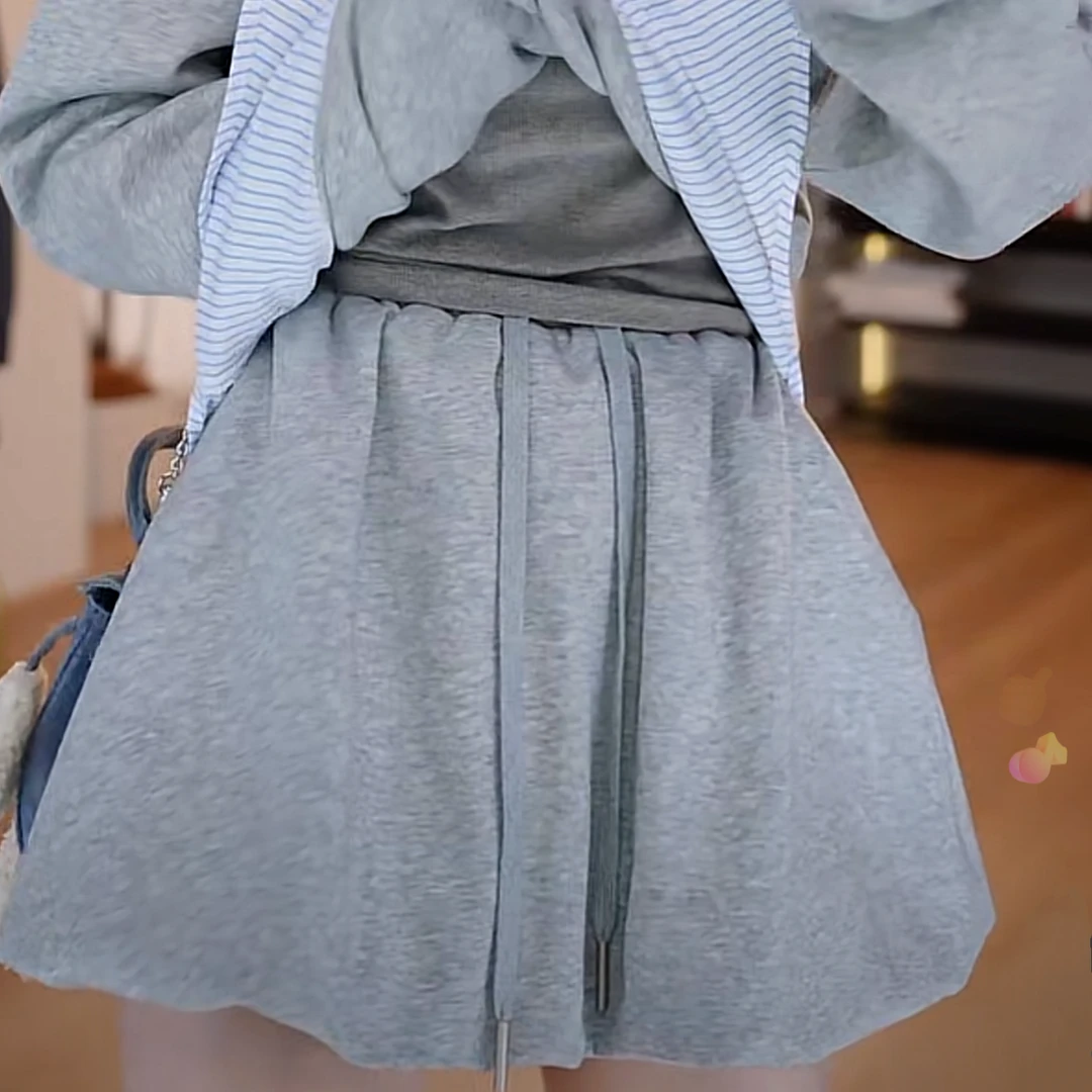 设计感抽绳松紧腰灰色半身裙女2025春季新款百搭时尚休闲显瘦半裙