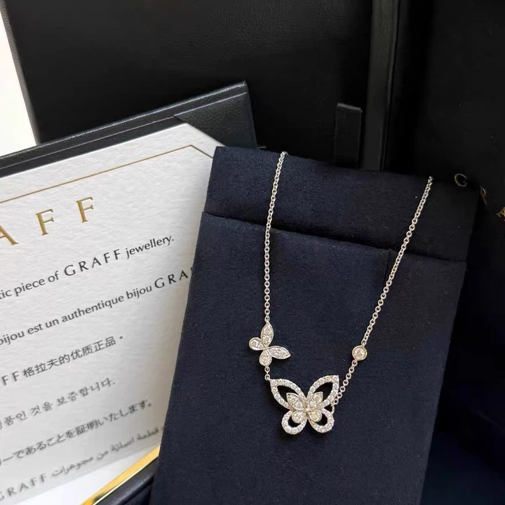 99新 Graff/格拉夫 小花柳  蝴蝶幻影双重奏钻石吊坠项链 白金