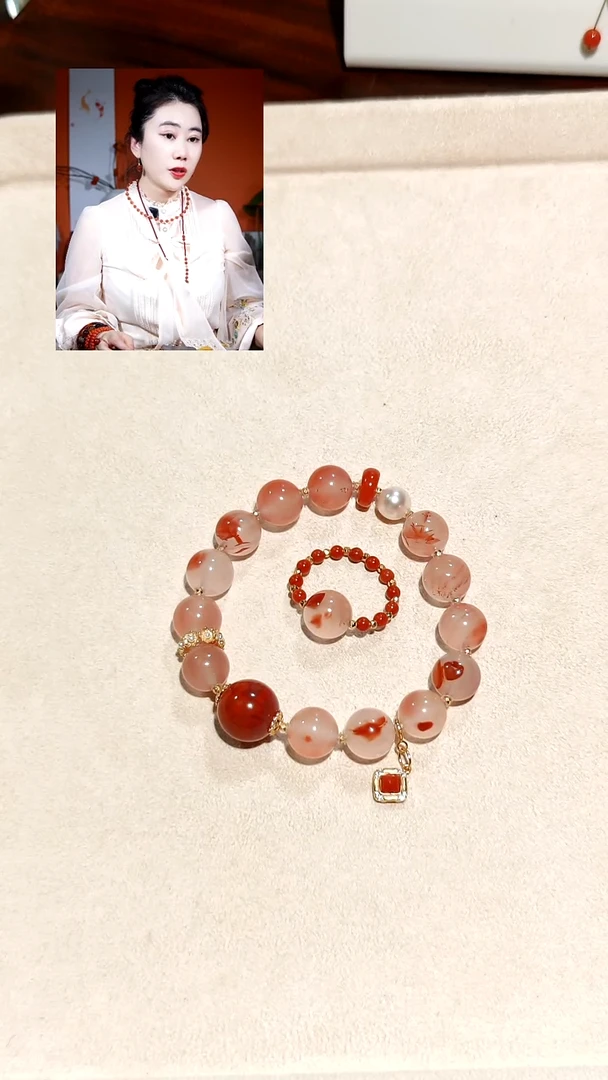 银S925镶嵌火焰纹冰飘南红南红玛瑙手链+戒指