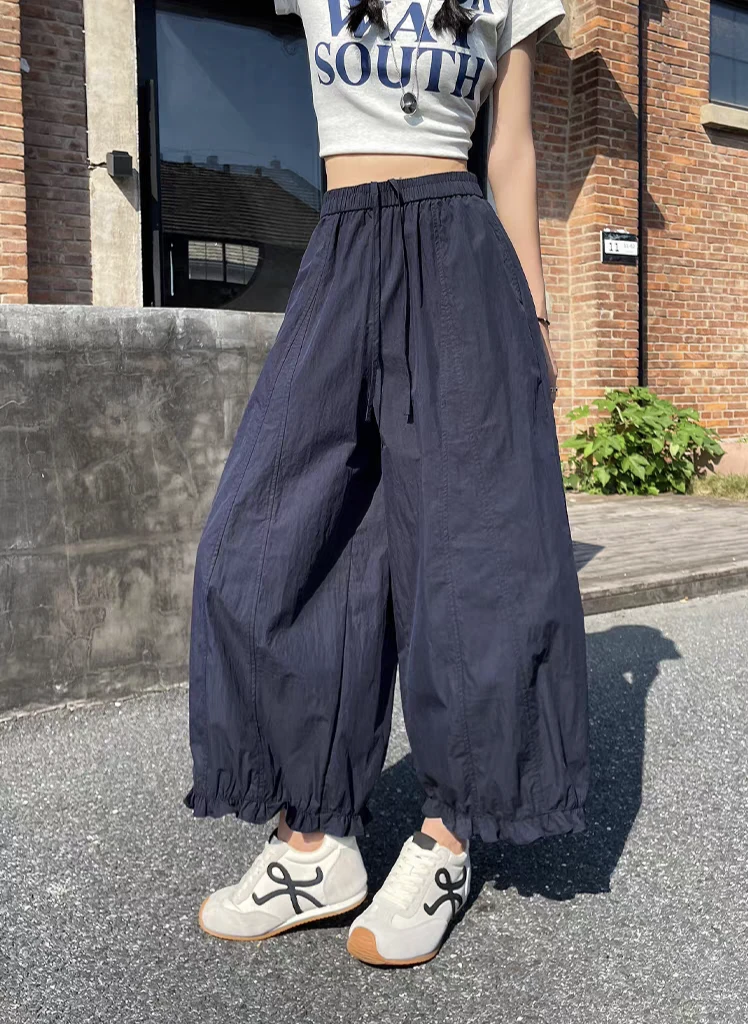 藏青色花苞气球裤女夏慵懒度假风木耳边灯笼裤高腰九分防晒阔腿裤